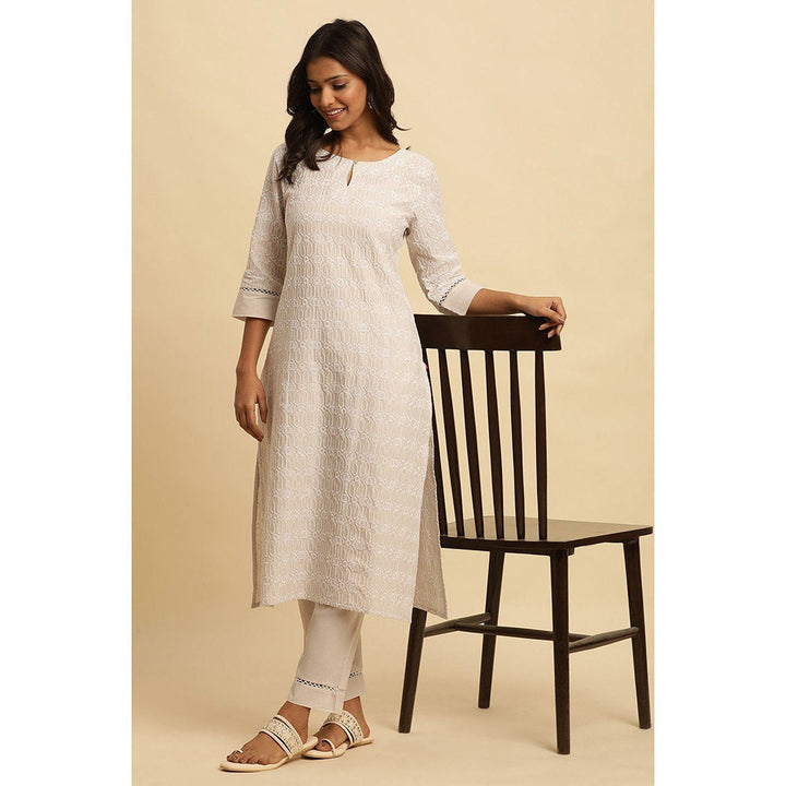 W Beige Embroidered Cotton Kurta & Straight Pant for Women (Set of 2)