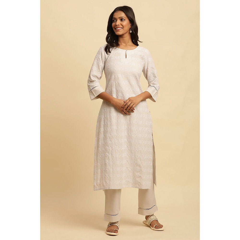 W Beige Embroidered Cotton Kurta & Straight Pant for Women (Set of 2)