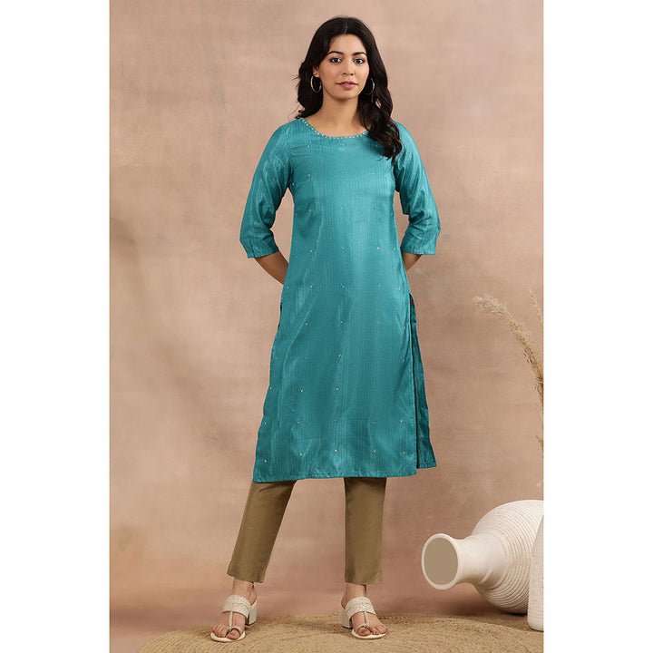 W Women Teal Festive Karnataka Silk Kurta with Slim Pant (Set of 2)