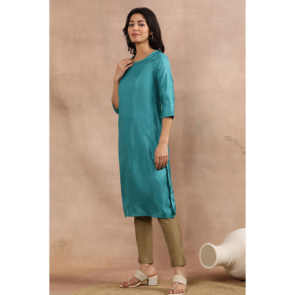 W Women Teal Festive Karnataka Silk Kurta with Slim Pant (Set of 2)