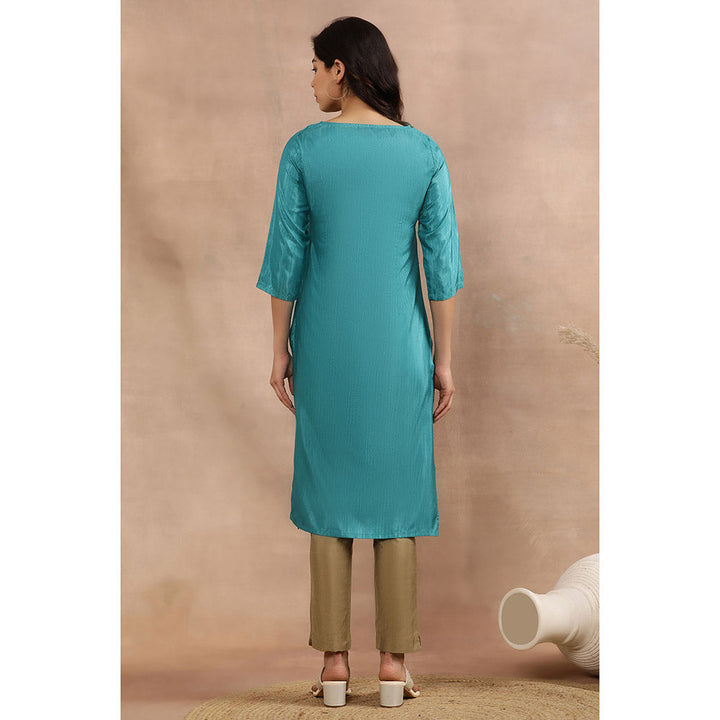 W Women Teal Festive Karnataka Silk Kurta with Slim Pant (Set of 2)