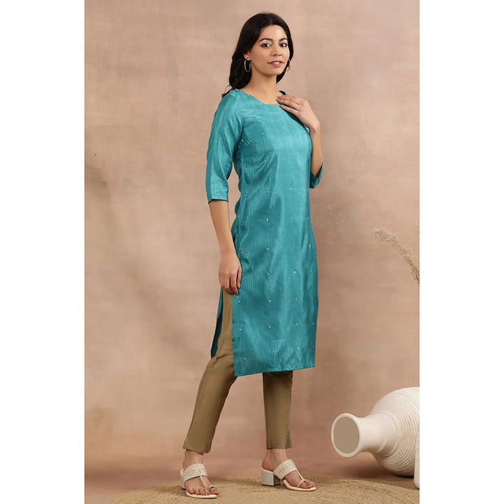 W Women Teal Festive Karnataka Silk Kurta with Slim Pant (Set of 2)