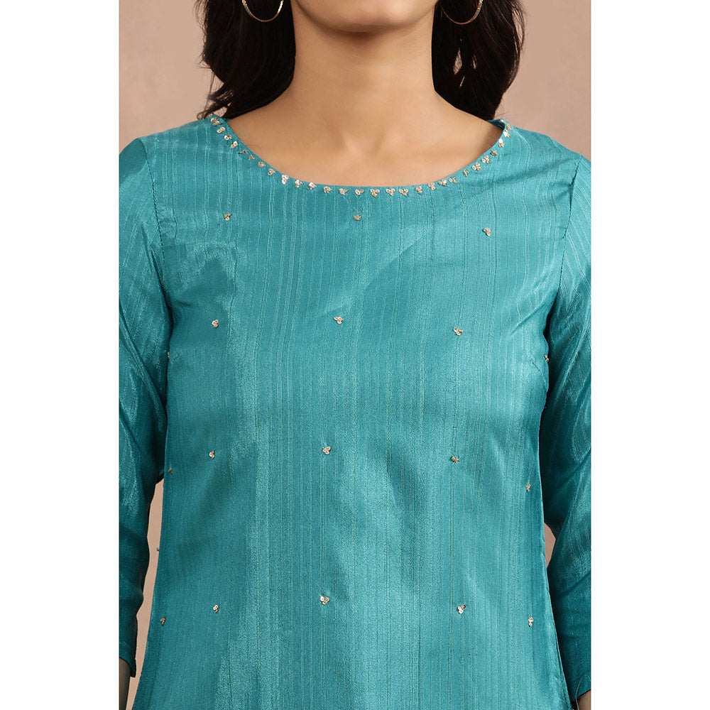 W Women Teal Festive Karnataka Silk Kurta with Slim Pant (Set of 2)