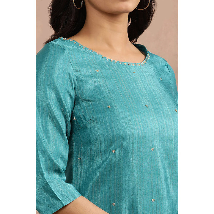 W Women Teal Festive Karnataka Silk Kurta with Slim Pant (Set of 2)