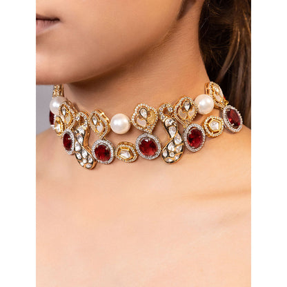 XAGO Le Azra Maroon Beads and Mossanite Choker Necklace