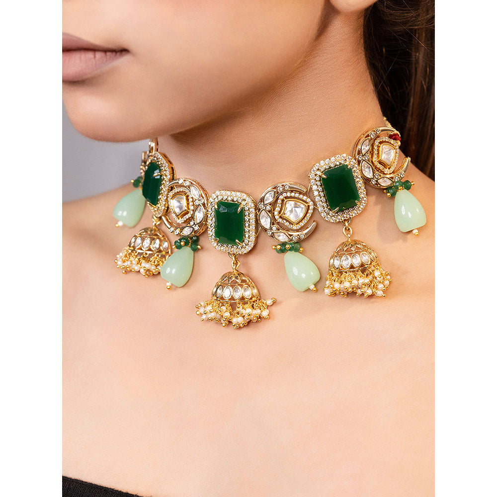 XAGO Le Ezhil Gold Plated Green Studded Choker Necklace