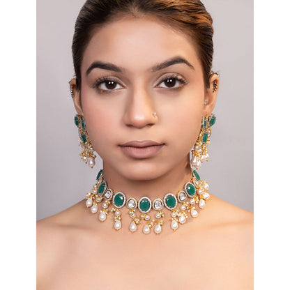 XAGO Le Adi Gold Plated Mint Green Beads and Pearls Studded Choker Set