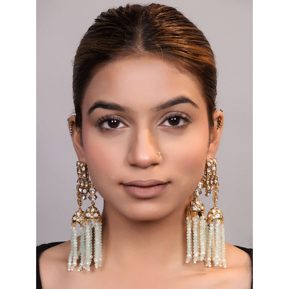 XAGO Le Yuvan Mint Green Kundan Beads Studded Jhumka Earrings
