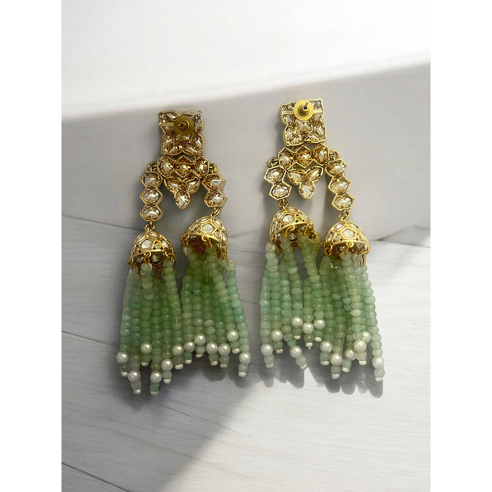 XAGO Le Yuvan Mint Green Kundan Beads Studded Jhumka Earrings