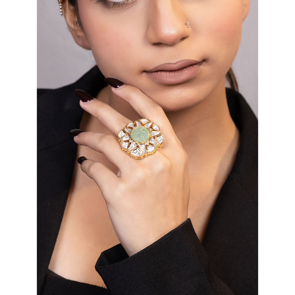 XAGO Le Andil Gold-Plated Green Kundan Studded Adjustable Ring