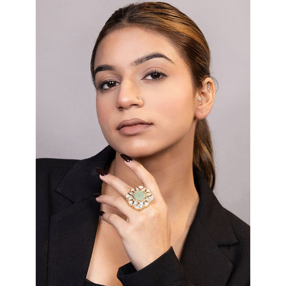 XAGO Le Andil Gold-Plated Green Kundan Studded Adjustable Ring