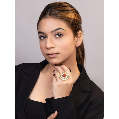 XAGO Le Kirion Gold-Plated Red Kundan Beads-Studded Adjustable Ring