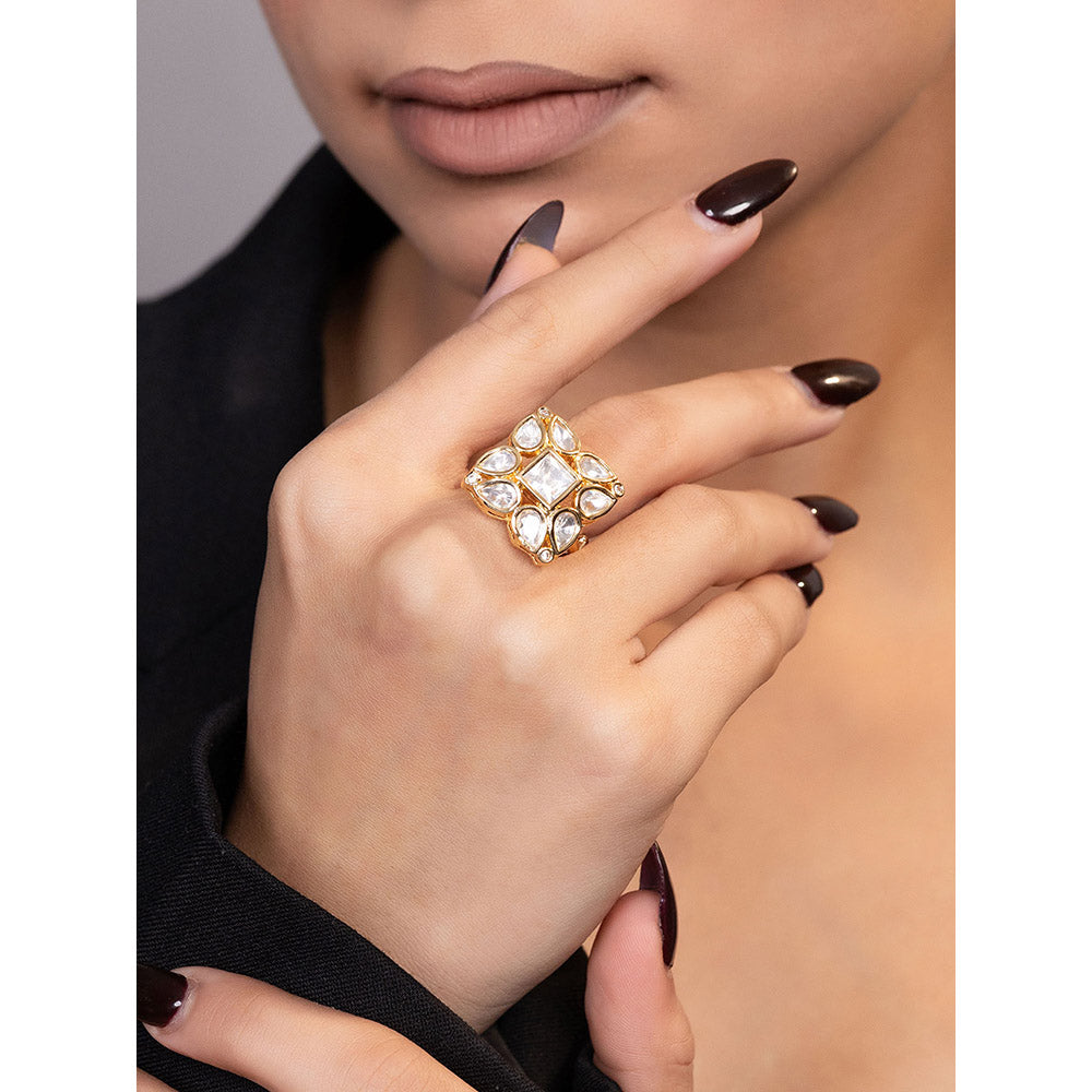 XAGO Le Ganlian Gold-Plated Kundan Studded Adjustable Ring