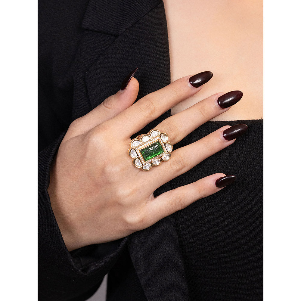 XAGO Le Calia Gold-Plated Green Kundan Studded Adjustable Ring