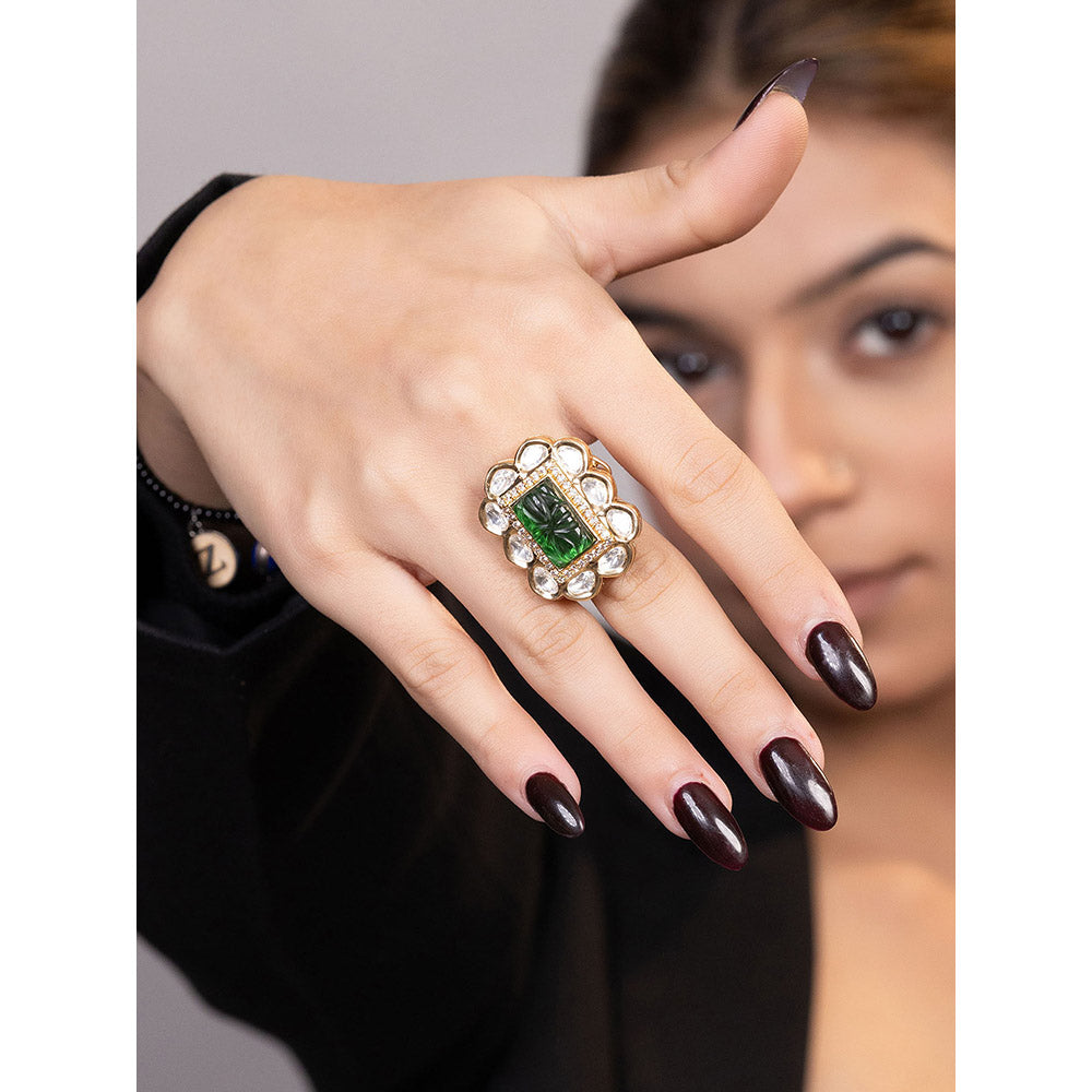 XAGO Le Calia Gold-Plated Green Kundan Studded Adjustable Ring