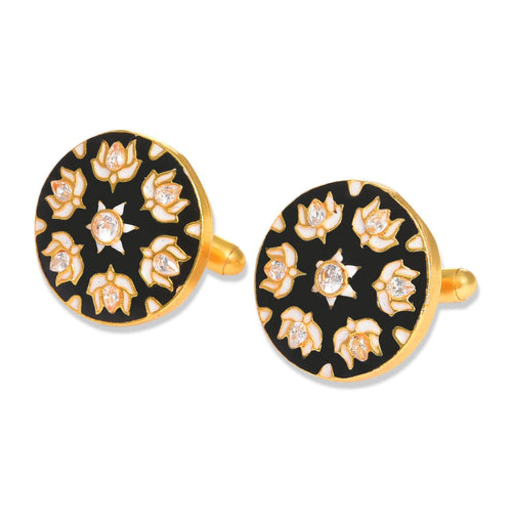 XAGO Gold Plated Black Floral-Shaped Cufflinks