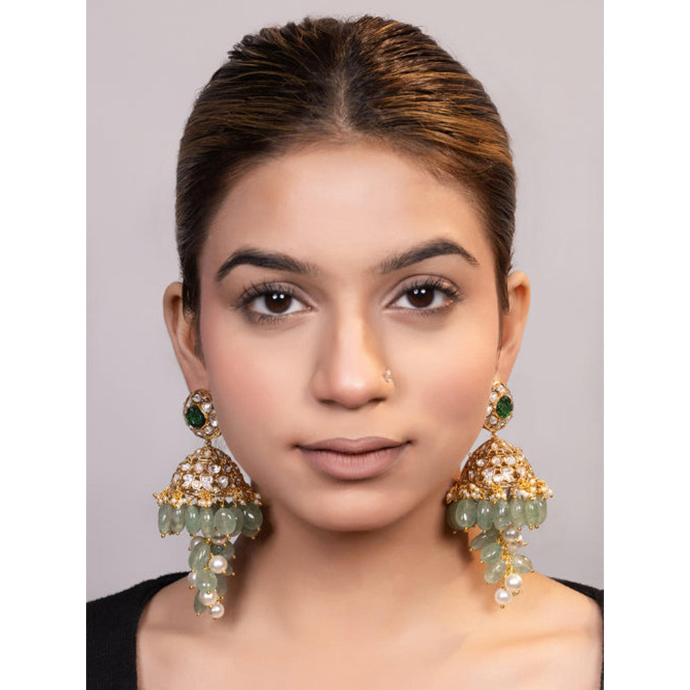 XAGO Le Valenn Gold Plated Moissanite And Green Pearls Studded Earrings