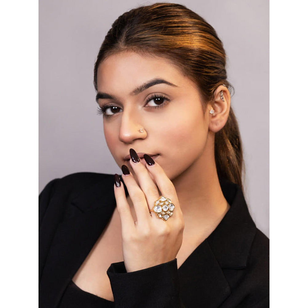 XAGO Le Luciya White Gold-Plated Kundan-Studded Finger Ring