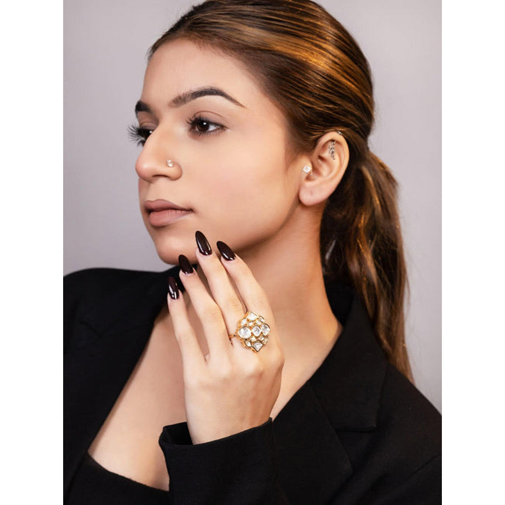 XAGO Le Luciya White Gold-Plated Kundan-Studded Finger Ring