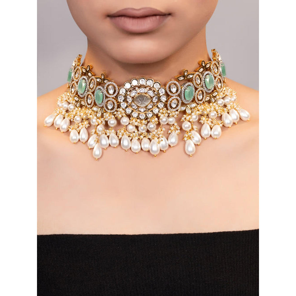 XAGO Le Senna Gold Plated Sea Green Beads And Moissanite Studded Necklace