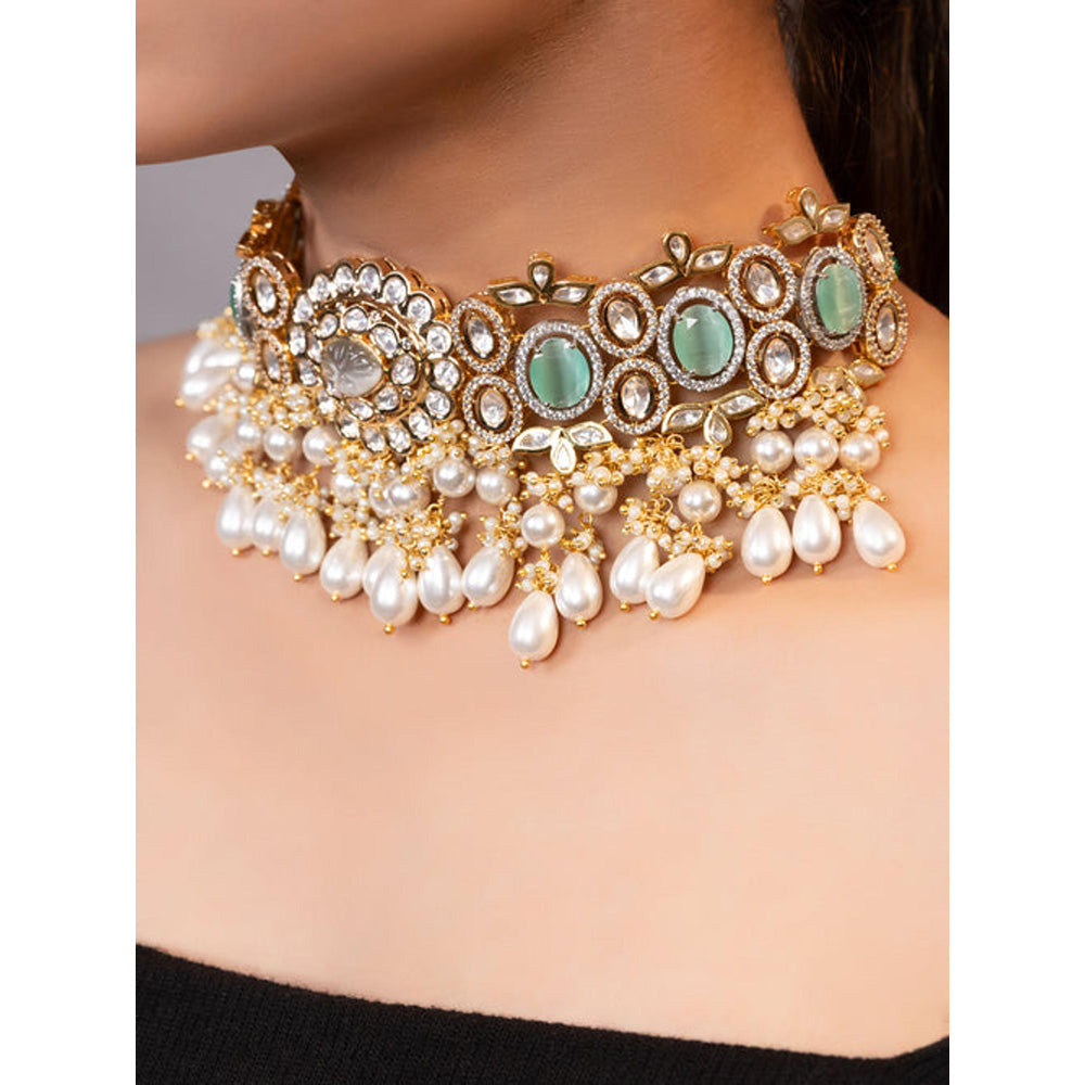 XAGO Le Senna Gold Plated Sea Green Beads And Moissanite Studded Necklace