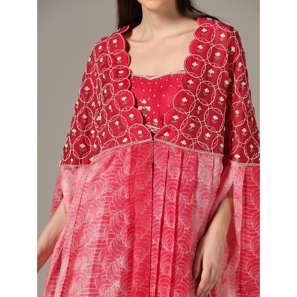 YASHODHARA Pink Cape with Moti with Bustier and Pleated Palazzo (Set of 3)