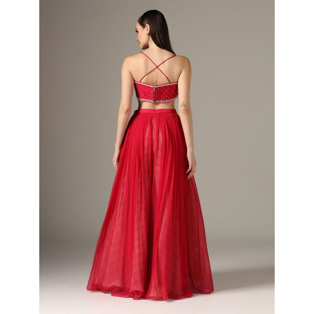 YASHODHARA Pink Cape with Moti with Bustier and Pleated Palazzo (Set of 3)