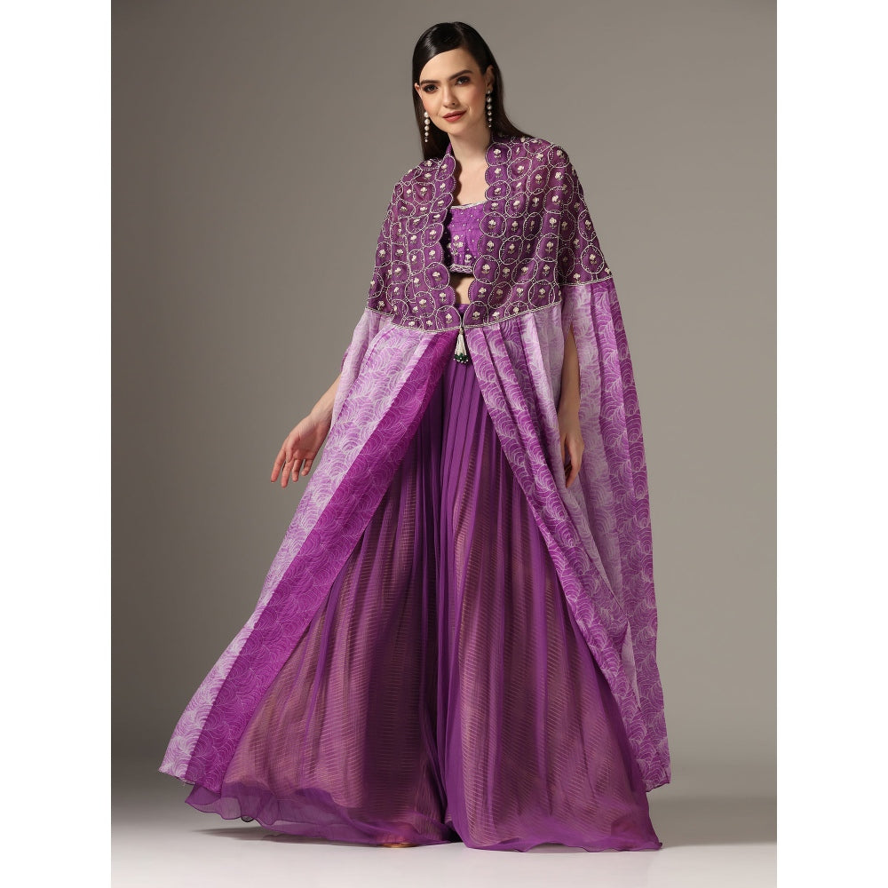 YASHODHARA Purple Cape with Moti Bustier and Pleated Palazzo (Set of 3)