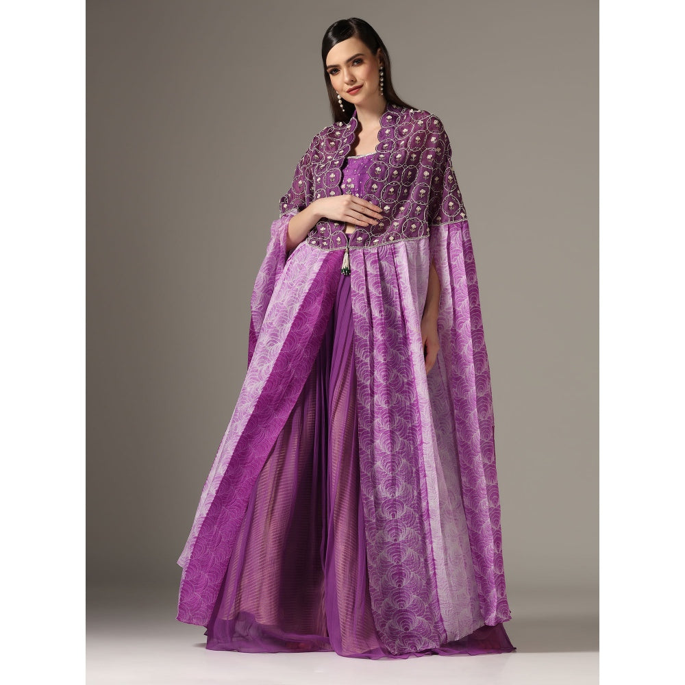 YASHODHARA Purple Cape with Moti Bustier and Pleated Palazzo (Set of 3)