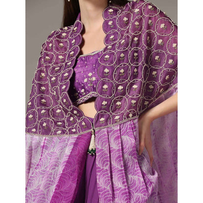 YASHODHARA Purple Cape with Moti Bustier and Pleated Palazzo (Set of 3)