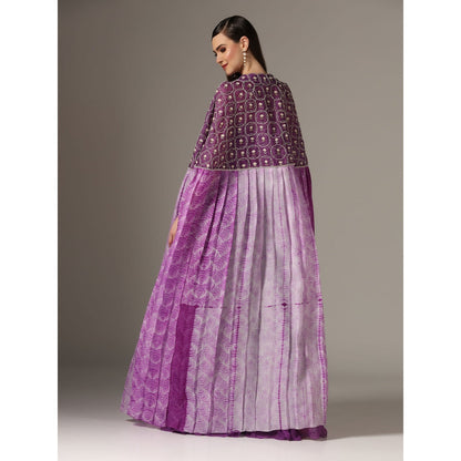 YASHODHARA Purple Cape with Moti Bustier and Pleated Palazzo (Set of 3)