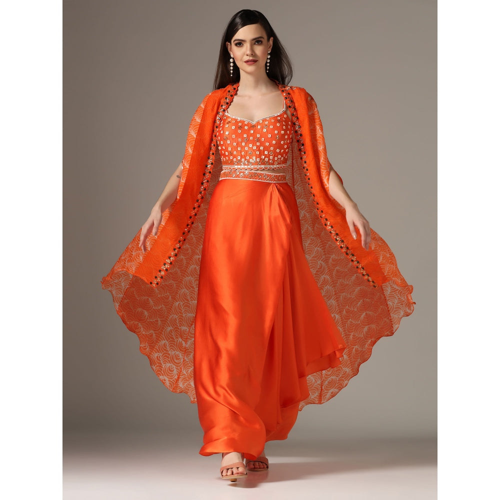 YASHODHARA Orange Drape Skirt with Shibori Cape and Bustier Set (Set of 3)