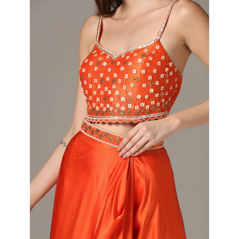 YASHODHARA Orange Drape Skirt with Shibori Cape and Bustier Set (Set of 3)