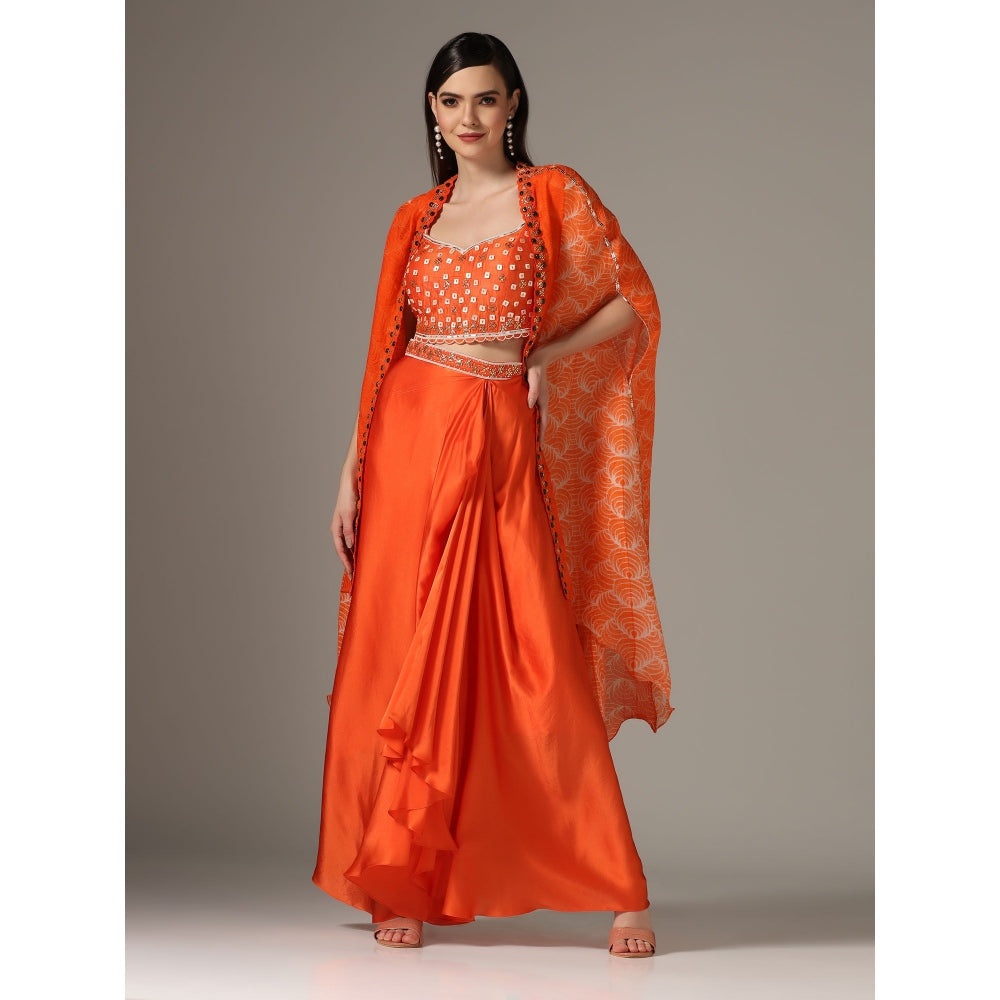 YASHODHARA Orange Drape Skirt with Shibori Cape and Bustier Set (Set of 3)