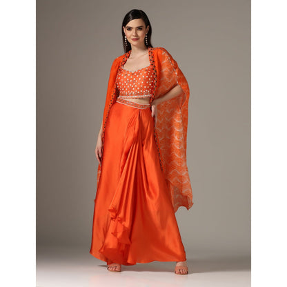 YASHODHARA Orange Drape Skirt with Shibori Cape and Bustier Set (Set of 3)