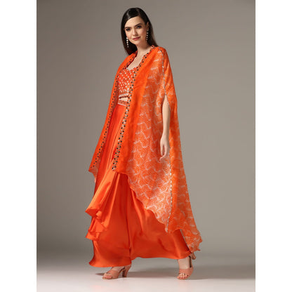 YASHODHARA Orange Drape Skirt with Shibori Cape and Bustier Set (Set of 3)