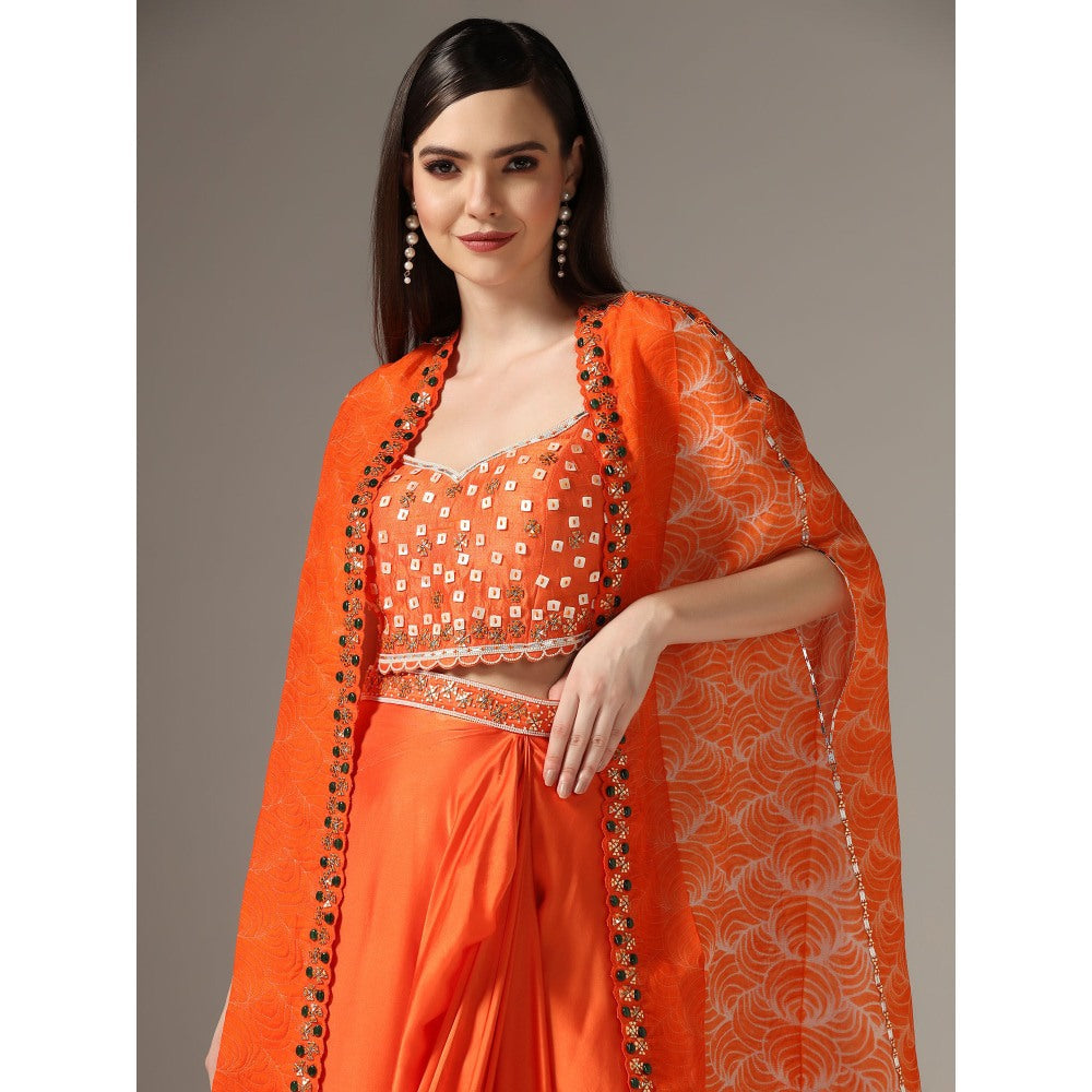 YASHODHARA Orange Drape Skirt with Shibori Cape and Bustier Set (Set of 3)