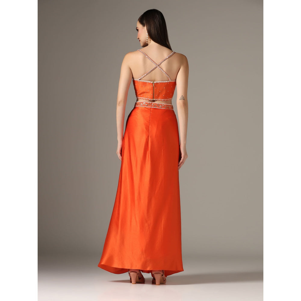 YASHODHARA Orange Drape Skirt with Shibori Cape and Bustier Set (Set of 3)