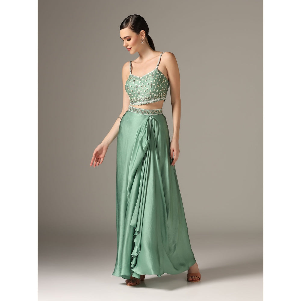 YASHODHARA Eco Green Drape Skirt with Shibori Cape and Bustier Set (Set of 3)