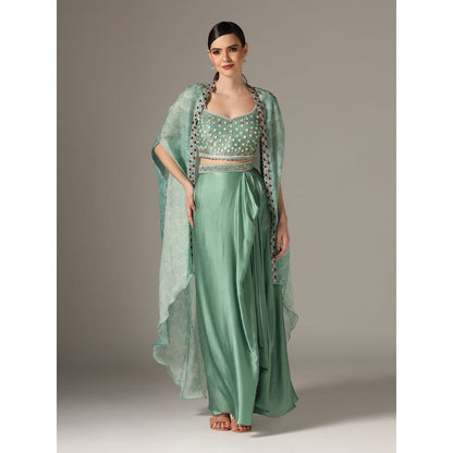 YASHODHARA Eco Green Drape Skirt with Shibori Cape and Bustier Set (Set of 3)