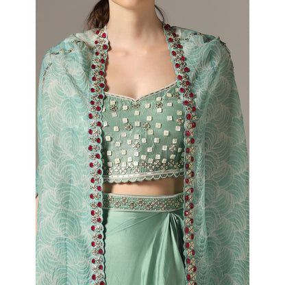 YASHODHARA Eco Green Drape Skirt with Shibori Cape and Bustier Set (Set of 3)