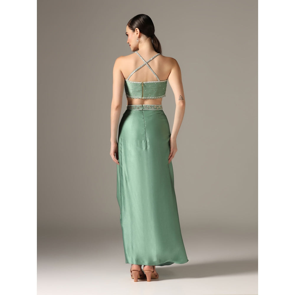 YASHODHARA Eco Green Drape Skirt with Shibori Cape and Bustier Set (Set of 3)