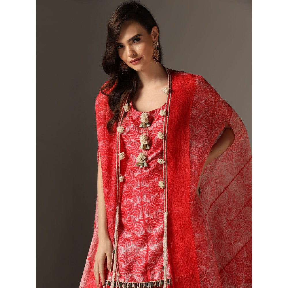 YASHODHARA Red Kurti, Sharara with Dupatta (Set of 3)