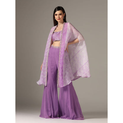 YASHODHARA Purple Shibori Cape with Bustier and Palazzo (Set of 3)