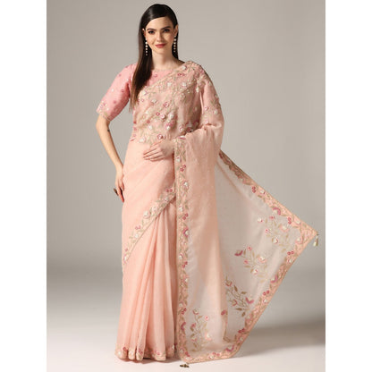 YASHODHARA Pink Organza Sequined Saree with Blouse
