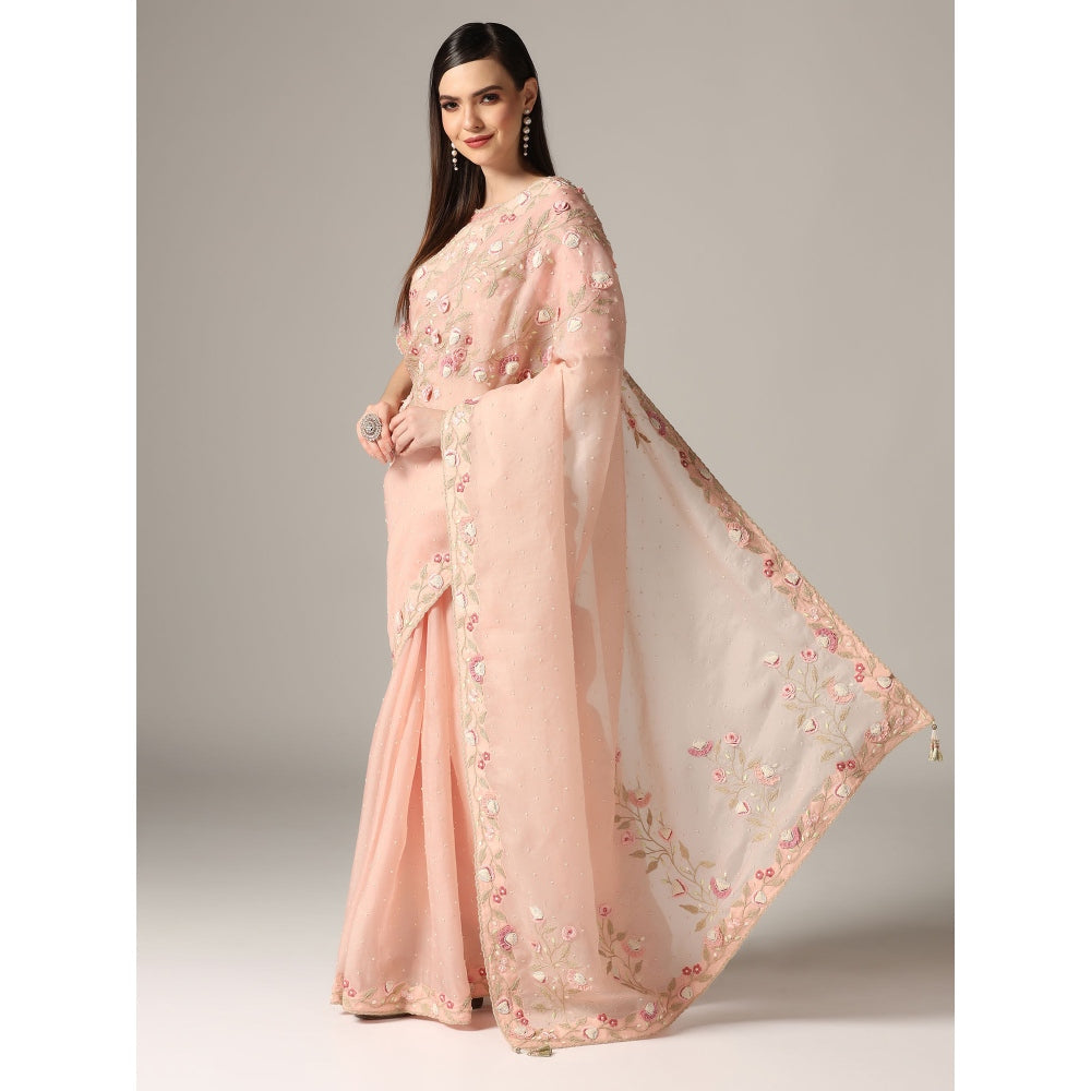 YASHODHARA Pink Organza Sequined Saree with Blouse