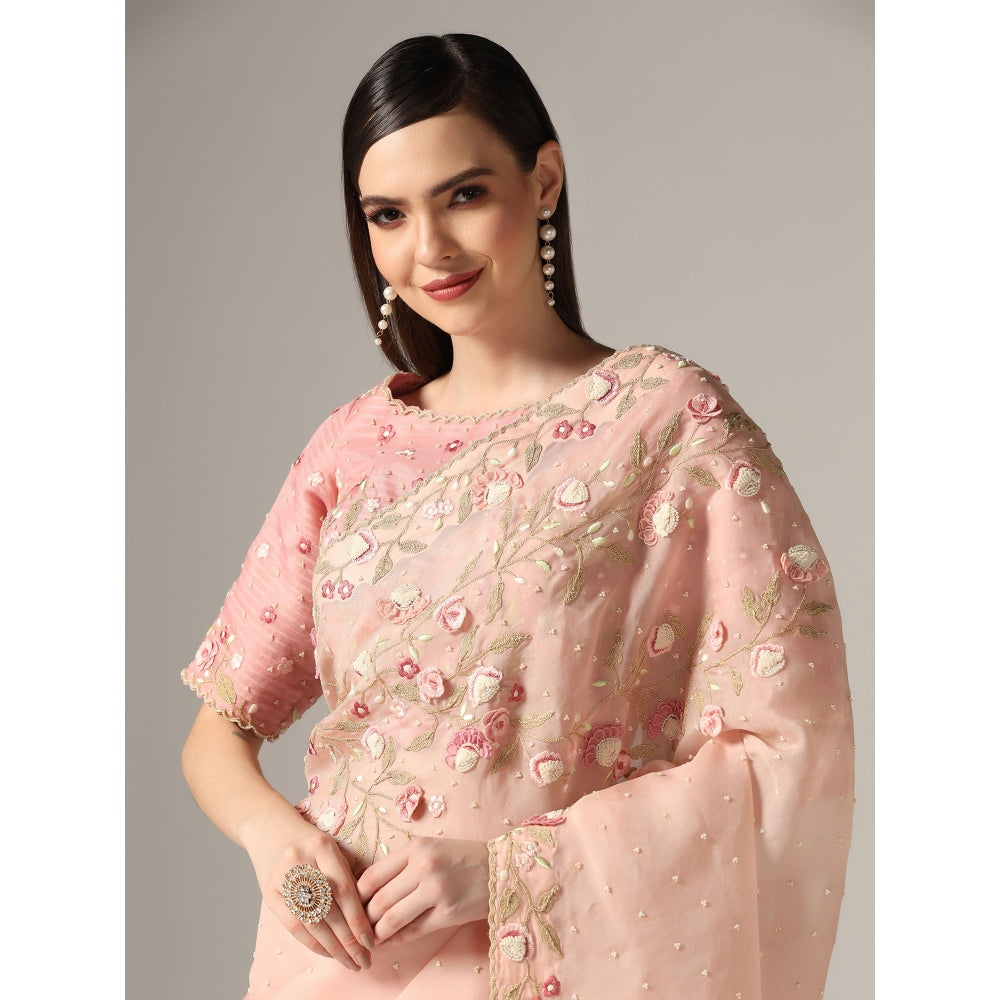 YASHODHARA Pink Organza Sequined Saree with Blouse