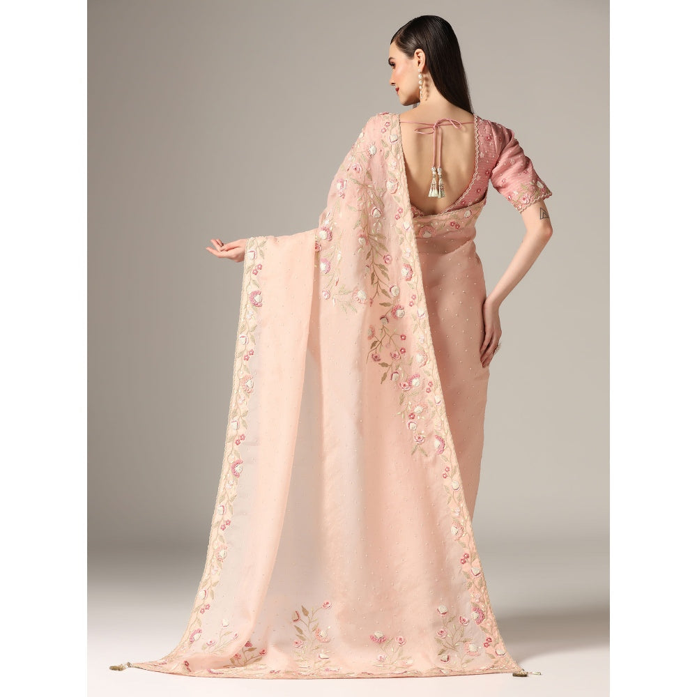 YASHODHARA Pink Organza Sequined Saree with Blouse