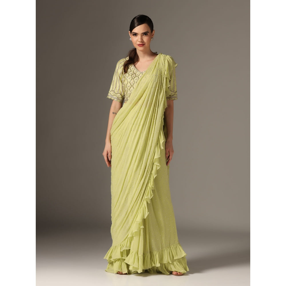 YASHODHARA Jade Chiffon Mughal Sequined Blouse with Saree