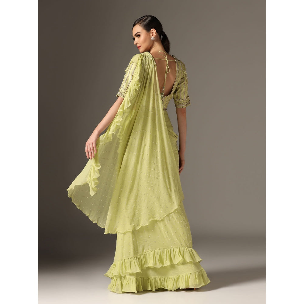 YASHODHARA Jade Chiffon Mughal Sequined Blouse with Saree